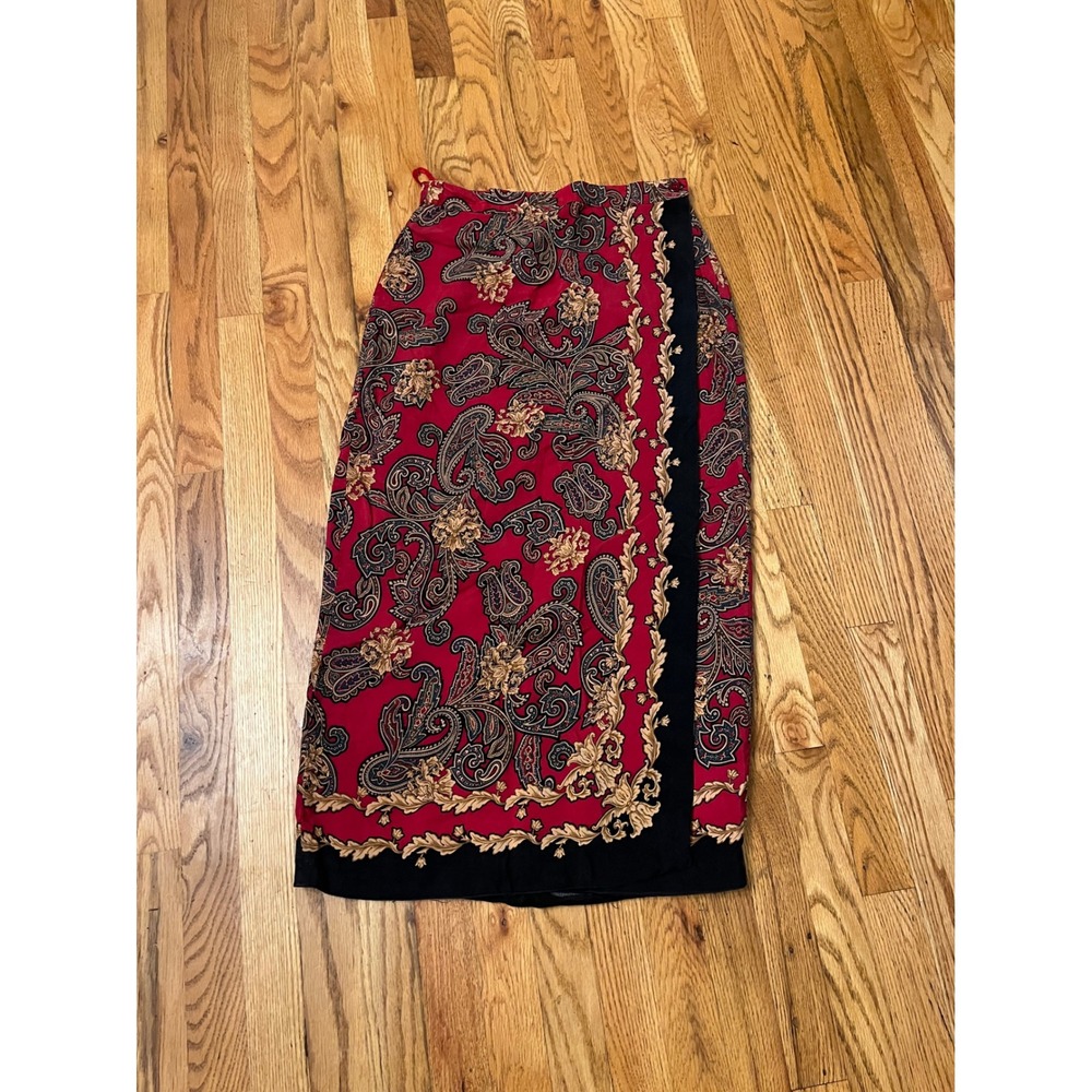 VTG Talbots 100% Silk Paisley Wrap Skirt Red Gold Midi Maxi 90s Dark Academia